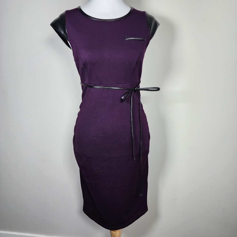 Jules & Jim Bodycon Dress Womens Small‎ Plum Pleather Belt Sheath Dark Academia